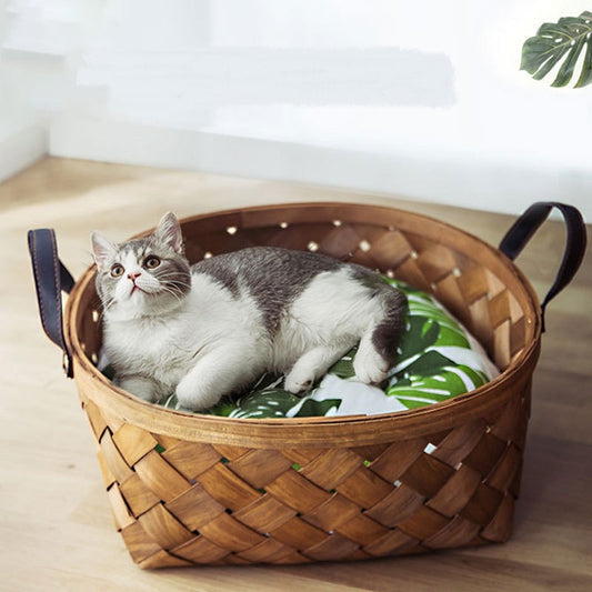 Bamboo Rattan Pet Bed – Cat & Dog Tent House with Cushion