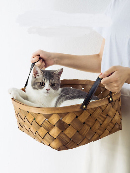 Bamboo Rattan Pet Bed – Cat & Dog Tent House with Cushion