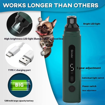 Rechargeable 5-Speed Dog Nail Grinder – Super Quiet Electric Trimmer for Claw Care