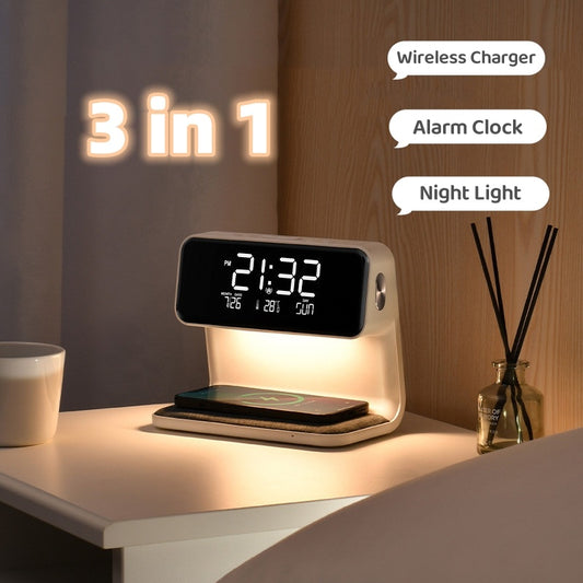 3-in-1 Bedside Lamp with Wireless Charger & Alarm Clock