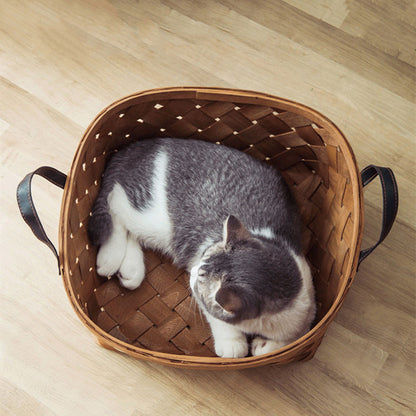 Bamboo Rattan Pet Bed – Cat & Dog Tent House with Cushion
