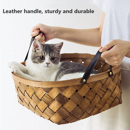 Bamboo Rattan Pet Bed – Cat & Dog Tent House with Cushion